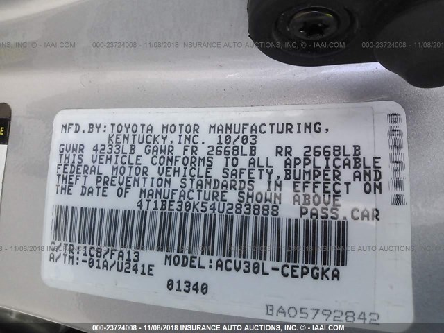 4T1BE30K54U283888 - 2004 TOYOTA CAMRY LE/XLE/SE SILVER photo 9