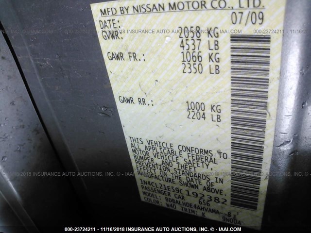 1N4CL21E59C192382 - 2009 NISSAN ALTIMA HYBRID SILVER photo 9