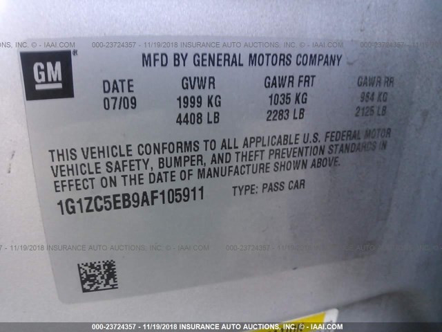 1G1ZC5EB9AF105911 - 2010 CHEVROLET MALIBU 1LT SILVER photo 9