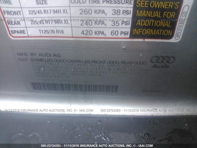 WAUNF78P08A093801 - 2008 AUDI A3 2.0 PREMIUM SILVER photo 9