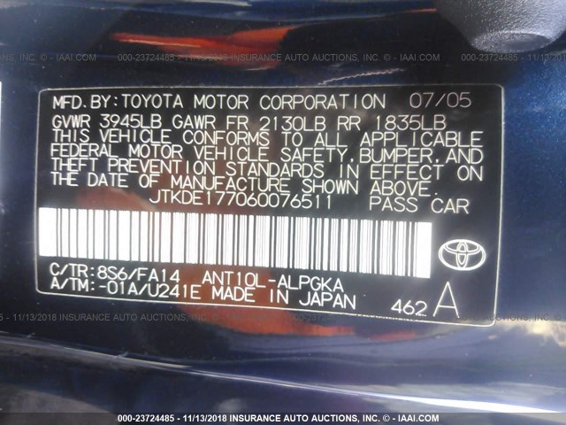 JTKDE177060076511 - 2006 TOYOTA SCION TC BLUE photo 9