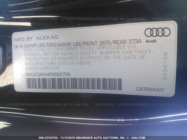 WAUCGAFH4FN000796 - 2015 AUDI S5 PREMIUM PLUS BLACK photo 9