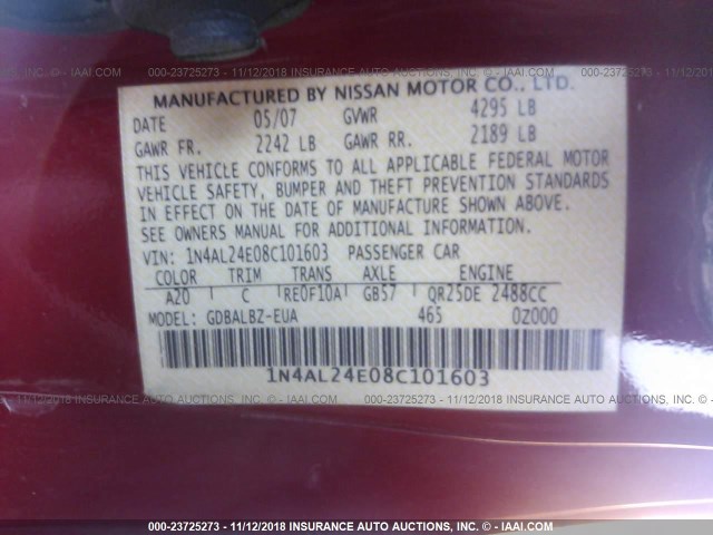 1N4AL24E08C101603 - 2008 NISSAN ALTIMA 2.5S RED photo 9