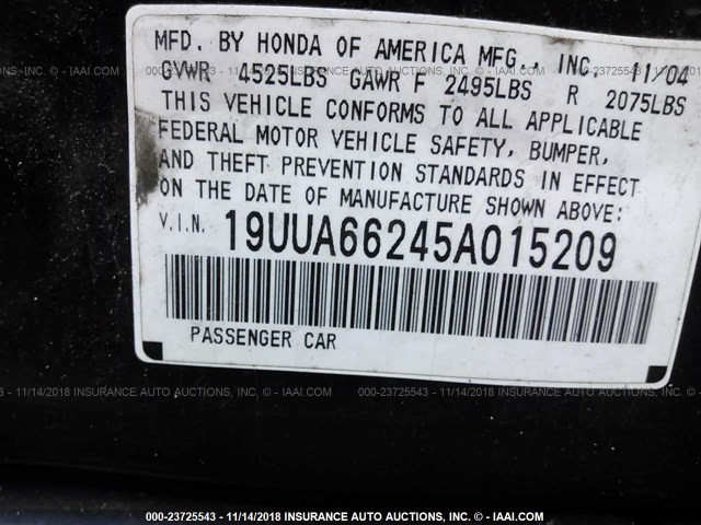 19UUA66245A015209 - 2005 ACURA TL BLACK photo 9