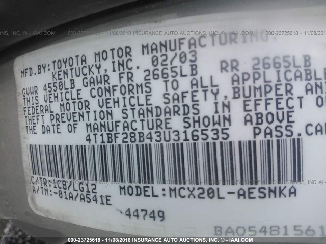 4T1BF28B43U316535 - 2003 TOYOTA AVALON XL/XLS SILVER photo 9