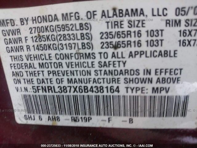 5FNRL387X6B438164 - 2006 HONDA ODYSSEY EXL MAROON photo 9