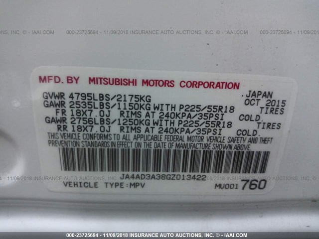 JA4AD3A38GZ013422 - 2016 MITSUBISHI OUTLANDER SE/SEL WHITE photo 9