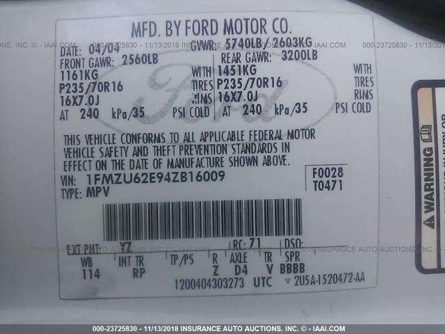 1FMZU62E94ZB16009 - 2004 FORD EXPLORER XLS/XLS SPORT WHITE photo 9