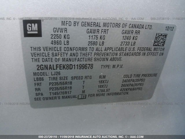 2GNALFEK8D1199678 - 2013 CHEVROLET EQUINOX LTZ SILVER photo 9