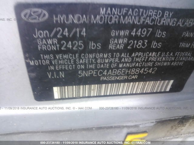 5NPEC4AB6EH884542 - 2014 HYUNDAI SONATA SE/LIMITED GRAY photo 9