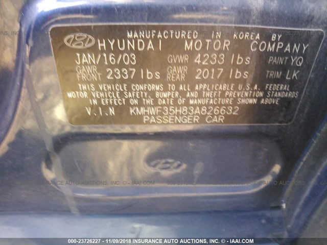 KMHWF35H83A826632 - 2003 HYUNDAI SONATA GLS/LX BLUE photo 9