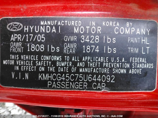 KMHCG45C75U644092 - 2005 HYUNDAI ACCENT GL RED photo 9