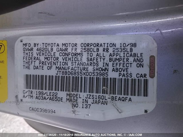 JT8BD68S5X0053985 - 1999 LEXUS GS 300 SILVER photo 9