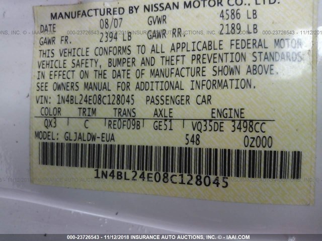 1N4BL24E08C128045 - 2008 NISSAN ALTIMA 3.5SE WHITE photo 9