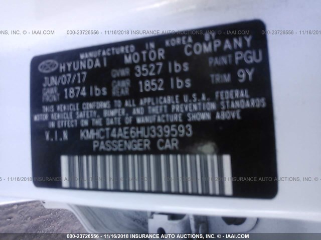 KMHCT4AE6HU339593 - 2017 HYUNDAI ACCENT SE WHITE photo 9