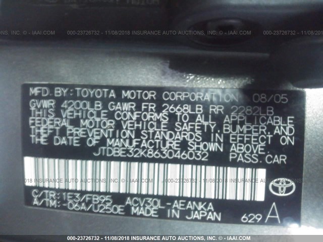 JTDBE32K863046032 - 2006 TOYOTA CAMRY LE/XLE GRAY photo 9