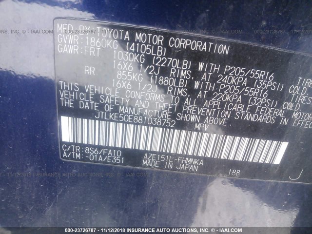 JTLKE50E881038752 - 2008 TOYOTA SCION XB Mavi foto 9