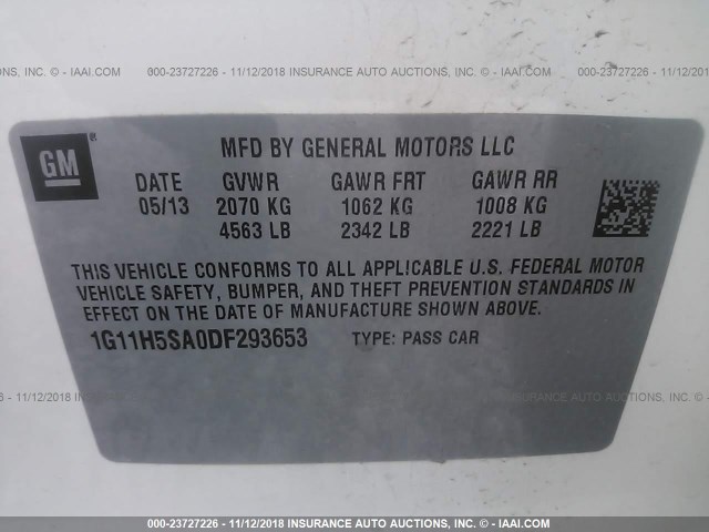 1G11H5SA0DF293653 - 2013 CHEVROLET MALIBU LTZ 白色 照片 9