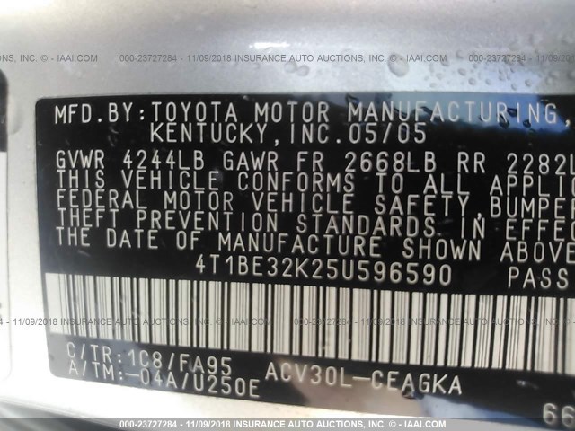 4T1BE32K25U596590 - 2005 TOYOTA CAMRY LE/XLE/SE SILVER photo 9