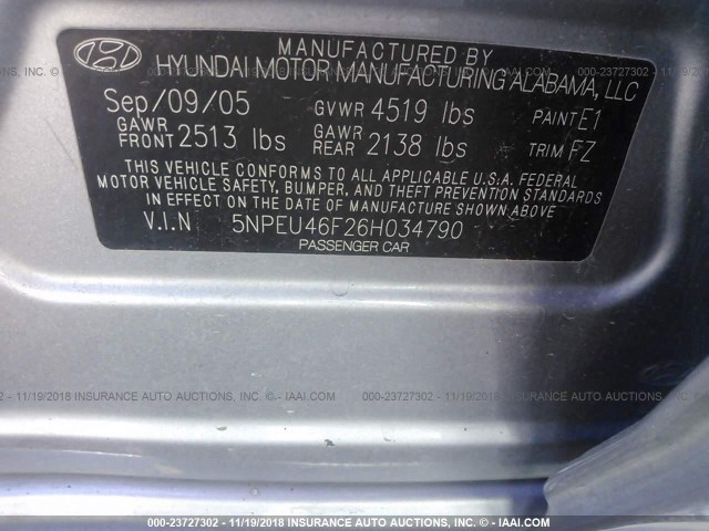 5NPEU46F26H034790 - 2006 HYUNDAI SONATA GLS/LX GRAY photo 9