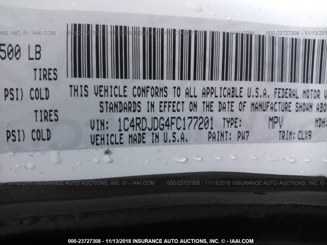 1C4RDJDG4FC177201 - 2015 DODGE DURANGO LIMITED WHITE photo 9