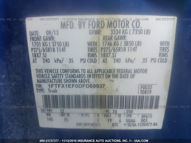 1FTFX1EF0DFD69937 - 2013 FORD F150 SUPER CAB BLUE photo 9