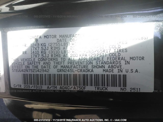 5TEUU42N75Z142942 - 2005 TOYOTA TACOMA ACCESS CAB შავი ფოტო 9