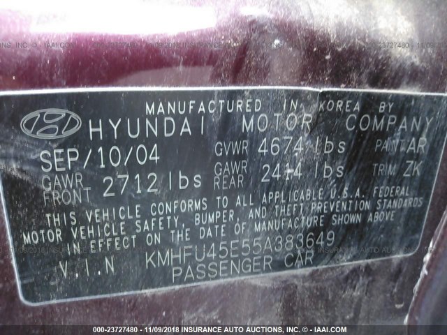 KMHFU45E55A383649 - 2005 HYUNDAI XG 350 PURPLE photo 9