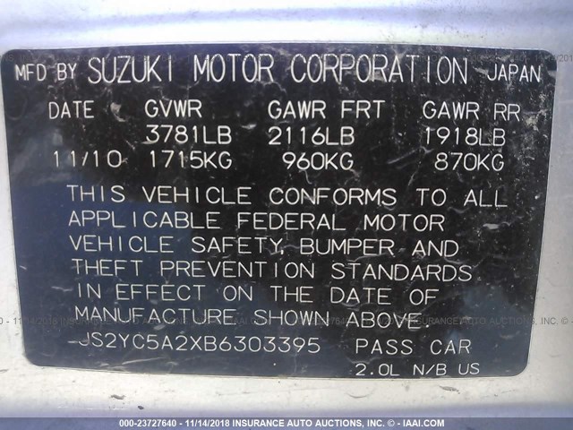 JS2YC5A2XB6303395 - 2011 SUZUKI SX4 LE SILVER photo 9