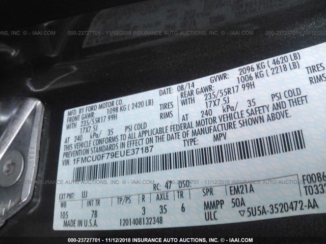 1FMCU0F79EUE37187 - 2014 FORD ESCAPE S GRAY photo 9