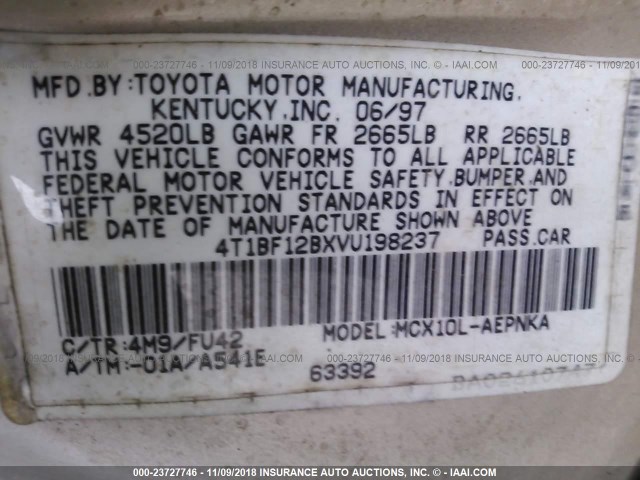 4T1BF12BXVU198237 - 1997 TOYOTA AVALON XL/XLS TAN photo 9