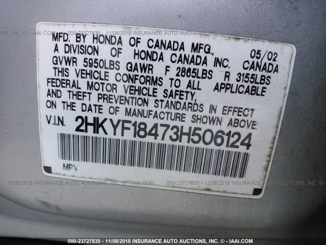 2HKYF18473H506124 - 2003 HONDA PILOT EX SILVER photo 9