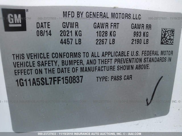 1G11A5SL7FF150837 - 2015 CHEVROLET MALIBU LS Ağ foto 9