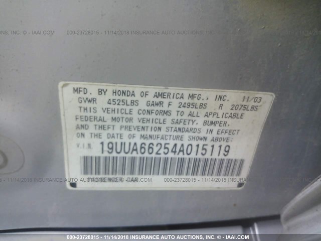 19UUA66254A015119 - 2004 ACURA TL SILVER photo 9