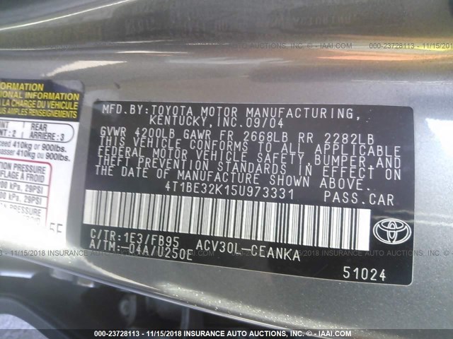 4T1BE32K15U973331 - 2005 TOYOTA CAMRY LE/XLE/SE GRAY photo 9