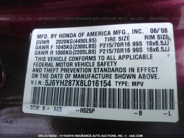 5J6YH287X8L016154 - 2008 HONDA ELEMENT EX RED photo 9