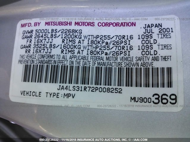 JA4LS31R72P008252 - 2002 MITSUBISHI MONTERO SPORT XLS SILVER photo 9