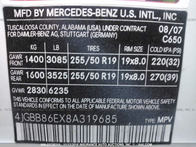 4JGBB86EX8A319685 - 2008 MERCEDES-BENZ ML 350 WHITE photo 9