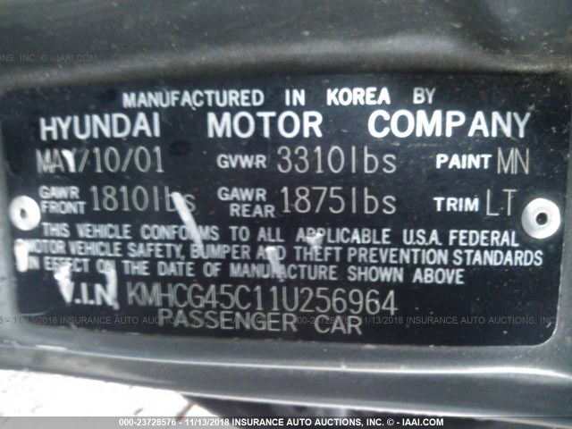 KMHCG45C11U256964 - 2001 HYUNDAI ACCENT GL GRAY photo 9