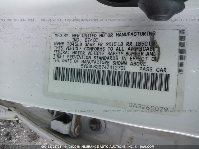 5Y2SL62874Z412701 - 2004 PONTIAC VIBE WHITE photo 9