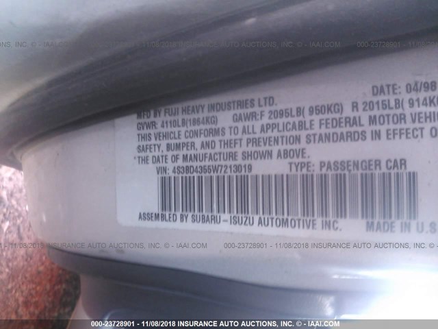 4S3BD4355W7213019 - 1998 SUBARU LEGACY L SILVER photo 9