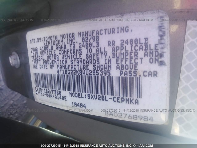 4T1BG22K8WU285395 - 1998 TOYOTA CAMRY CE/LE/XLE GRAY photo 9