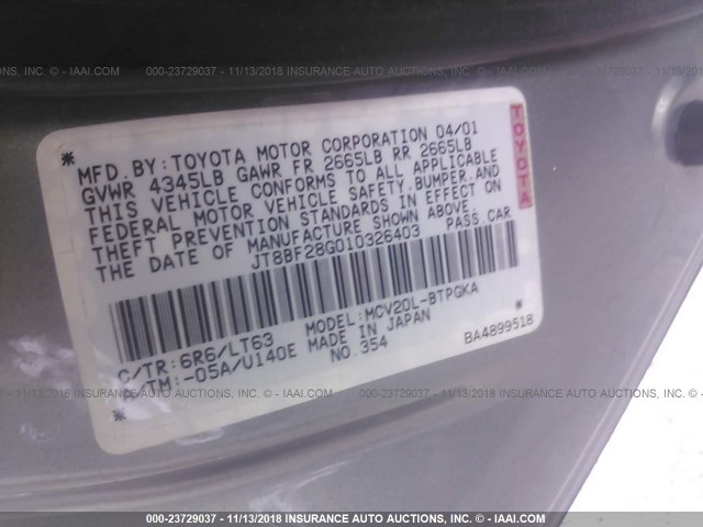 JT8BF28G010326403 - 2001 LEXUS ES 300 GRAY photo 9