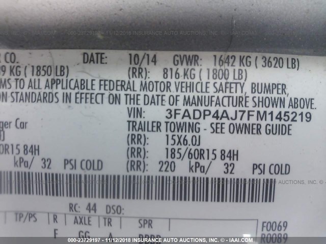 3FADP4AJ7FM145219 - 2015 FORD FIESTA S SILVER photo 9