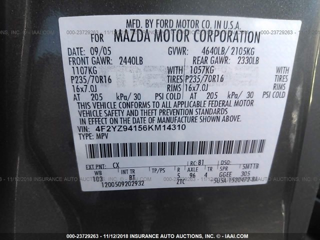 4F2YZ94156KM14310 - 2006 MAZDA TRIBUTE S GRAY photo 9