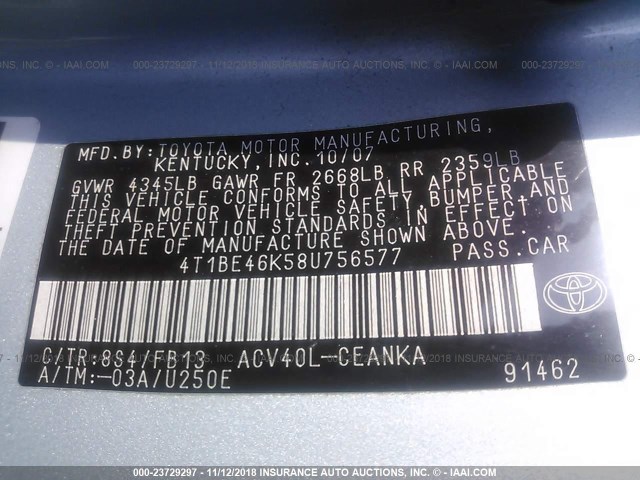 4T1BE46K58U756577 - 2008 TOYOTA CAMRY CE/LE/XLE/SE Light Blue photo 9