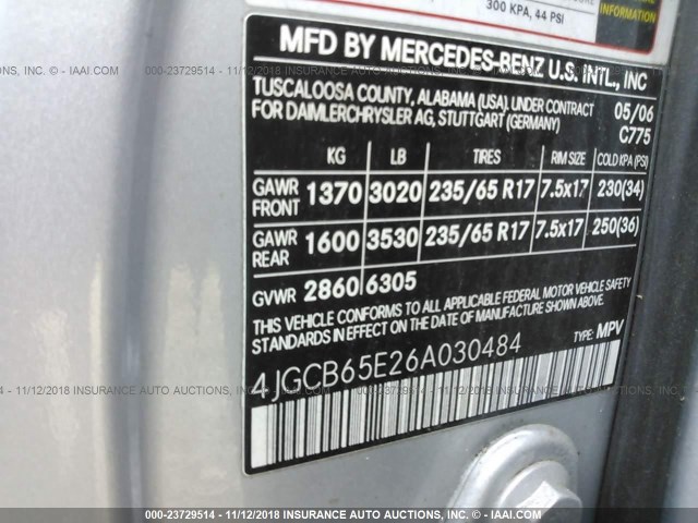 4JGCB65E26A030484 - 2006 MERCEDES-BENZ R 350 GRAY photo 9