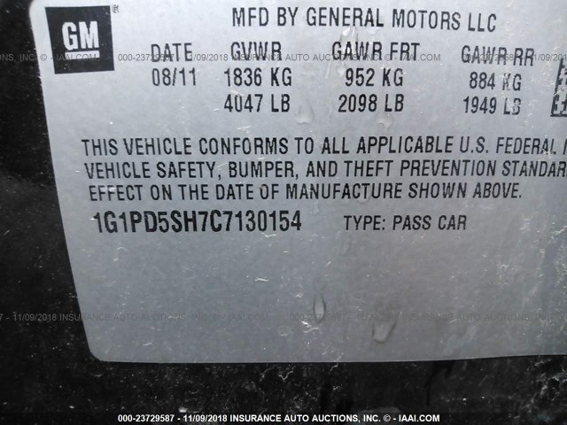 1G1PD5SH7C7130154 - 2012 CHEVROLET CRUZE LS BLACK photo 9