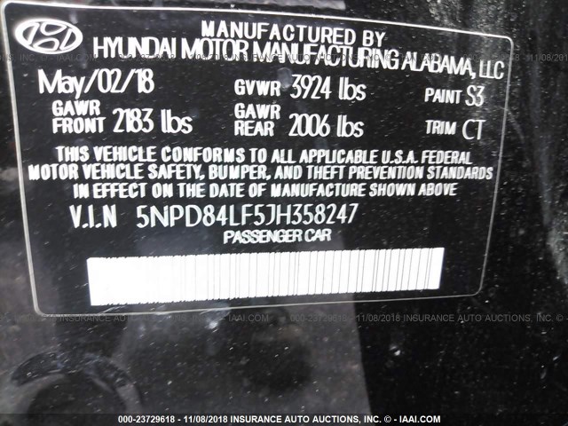 5NPD84LF5JH358247 - 2018 HYUNDAI ELANTRA SEL/VALUE/LIMITED BLACK photo 9