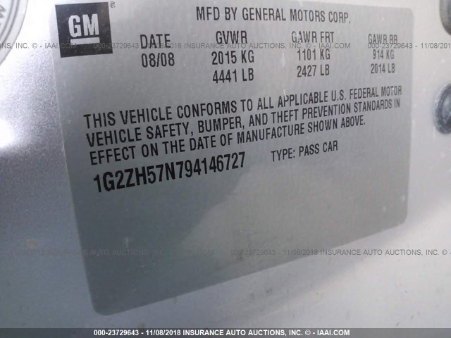 1G2ZH57N794146727 - 2009 PONTIAC G6 GT SILVER photo 9